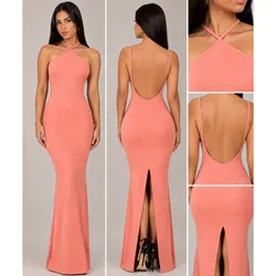 Vestido largo de tirantes triangular de espalda abierta y abertura trasera en las piernas color Salmon