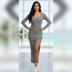 Vestido Largo Mangas Largas Con Abertura En Una Pierna Color Gris