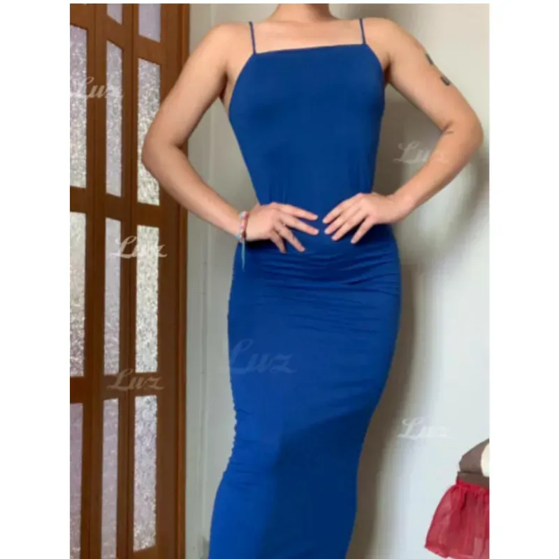Vestido Largo Tubular De Tirantes Color Azul Rey Oscuro 