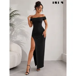 Vestido strapless al hombro con abertura en una pierna color negro