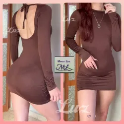 Vestido Tubular Corto Y Espalda Abierta Con Lazo Color Carmelita 