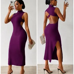 Vestido tubular de cuello tortuga y espalda abierta rojo uva