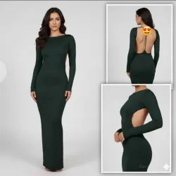 Vestido Tubular Largo De Mangas Largas Con La Espalda Abierta Color Verde Oscuro Casi Negro 