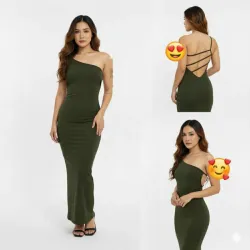 Vestido Tubular Largo De Espalda Abierta En Diagonal Color Verde Olivo