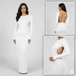 Vestido Tubular Largo De Mangas Largas Con La Espalda Abierta Color Blanco