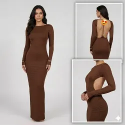 Vestido Tubular Largo De Mangas Largas Con La Espalda Abierta Color Carmelita