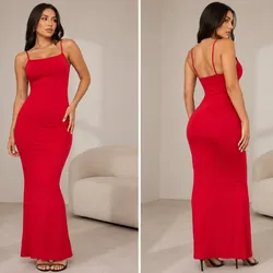 Vestido tubular largo de tirantes color rojo tomate