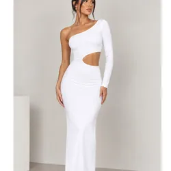 Vestido tubular largo de una manga y abertura en la cintura color blanco