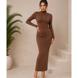 Vestido tubular largo mangas largas color Carmelita