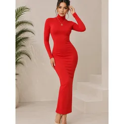 Vestido tubular largo mangas largas color Rojo tomate