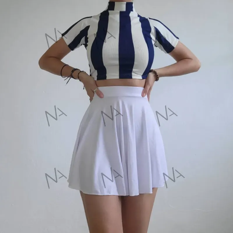 FALDA CIRCULAR BLANCA/PULOVITO DE RAYAS