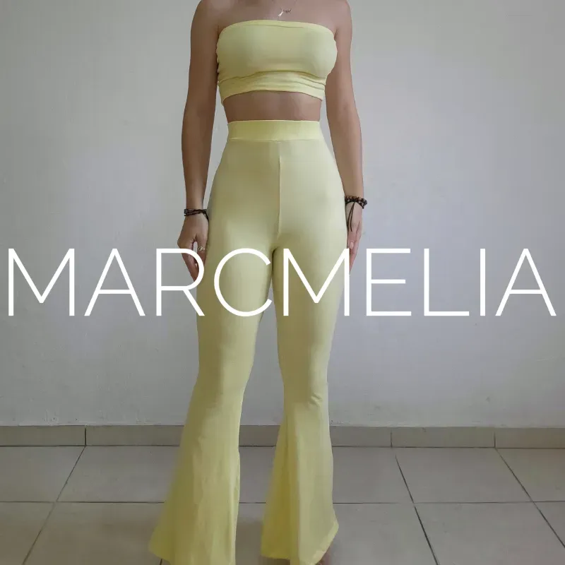 PANTALÓN CAMPANA AMARILLO/CROP TOP A JUEGO