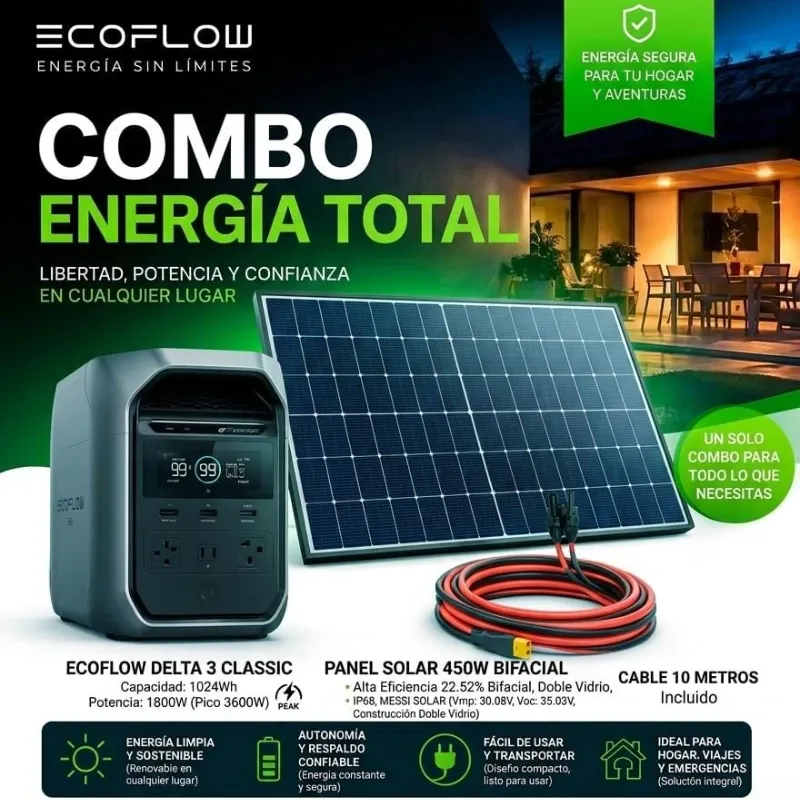 ☀️🔋 COMBO ECOFLOW — ENERGÍA TOTAL PARA TU HOGAR 🔋☀️ ⚡ ECOFLOW DELTA 3 CLASSIC + PANEL SOLAR BIFACIAL MESSI SOLAR 450W + CABLE SOLAR DE 10 METROS