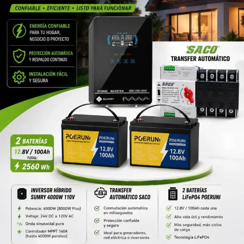 *Combo *Inversor SUMRY 4000W*💡 *110V*🔌 🔋*2x bat de 12.8 v 100 Ah*🔋 *Transfer SACO*🔄