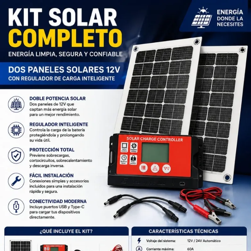 ☀️ KIT SOLAR COMPLETO – 2 PANELES + REGULADOR 🔋 (Para cargar baterías, celulares, ventiladores recargables etc.)