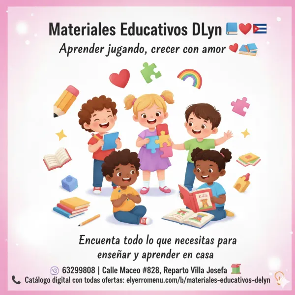 "¡Bienvenidos a Materiales Educativos DLyn!"❤️📚🇨🇺 
🎓 ¿Quiénes somos en DLyn?
Somos un proyecto educativo con propósito 💡que acompaña a la familia y a los docentes en el hermoso reto de educar. 👨👩👧👦📘
⸻
📚 ¿Qué hacemos?
Te ofrecemos: 
1. Cuadernos,Fichas y materiales diseñados por etapas del desarrollo.📒
2. Juegos educativos y útiles escolares🧩.
3. Y lo más valioso: Apoyo diario con contenido educativo para padres y docentes.✏️
⸻
💛 ¿Cuál es nuestro propósito?
🎯 En DLyn creemos en una educación divertida, práctica y llena de amor ❤️📚
Apoyamos a familias y docentes con materiales que inspiran ✏️🎨🎲
y acompañamos cada etapa del aprendizaje con intención 💡🚀
✨ Impulsando mentes creativas 👧🧠👦
🤝 Pensamos en ti todos los días
Creamos contenido para apoyarte en cada etapa. Este grupo es más que una tienda: es una comunidad educativa. 📲💬👨🏫
               🌟 Gracias por estar aquí.
En DLyn ❤️📚🇨🇺 creemos que la educación comienza en casa🏠 y queremos acompañarte en cada paso 👣del camino🛣️.
📖 Promovemos una educación accesible, práctica y llena de amor 👩🏫💛