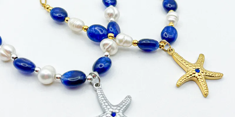Collar de cadena de acero inoxidable, ágata azul y perlas naturales con dije de acero inoxidable