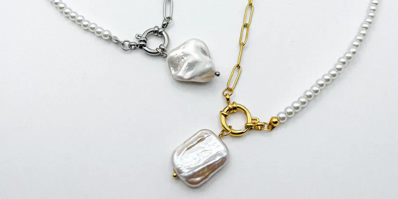 Collar de cadenas de acero inoxidable y perlas artificiales 