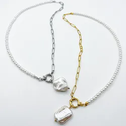 Collar de cadenas de acero inoxidable y perlas artificiales 