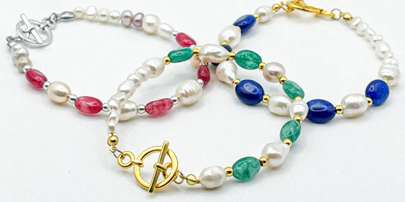 Pulseras de perlas naturales y piedras semipreciosas 