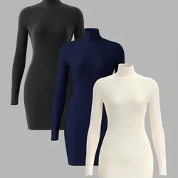 SHEIN BASICS 3 piezas Vestido mini de cuello alto de manga larga ajustado de unicolor de punto para mujeres
