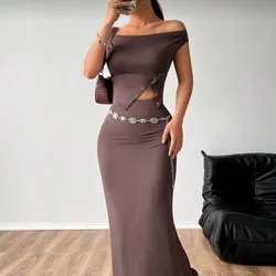 SHEIN EZwear Conjunto De Top De Hombros Descubiertos Y Falda Con Corte Estilo Cola De Pescado De Color Sólido Para Mujeres