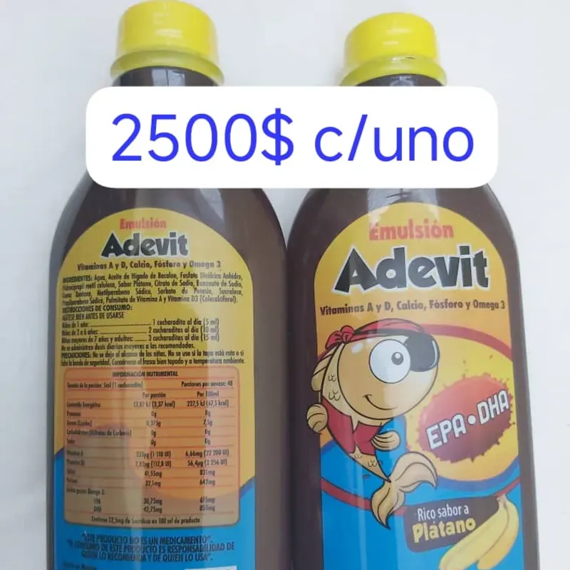 Emulsión Adevit Vitamina A y D, Calcio, Fósforo y Omega 3 Rico Sabor a Plátano Suplemento Alimenticio Frasco con 240 mL (Niños de 1 a 6 años y adultos)