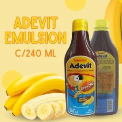 Emulsión Adevit Vitamina A y D, Calcio, Fósforo y Omega 3 Rico Sabor a Plátano Suplemento Alimenticio Frasco con 240 mL (Niños de 1 a 6 años y adultos)