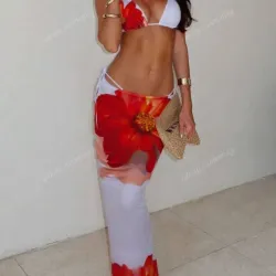 Bikini 3 piezas con Estampado Floral Sexy Blanco y Rojo