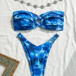 Bikini bandeau con Estampado Floral Sexy Azul