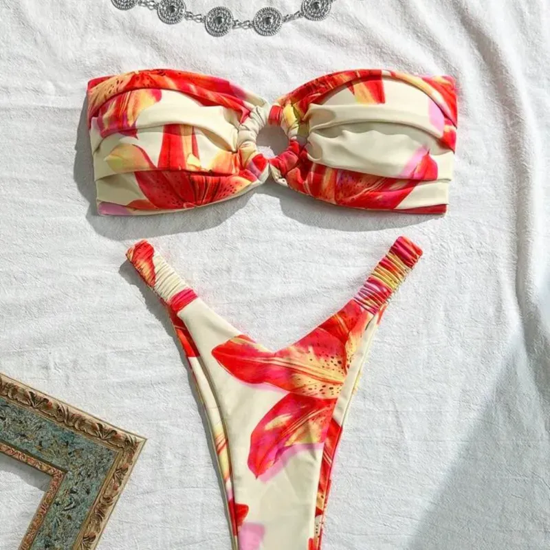 Bikini bandeau con Estampado Floral Sexy Naranja