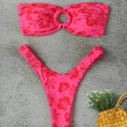 Bikini Fruncido Estampado en Flores Rosa