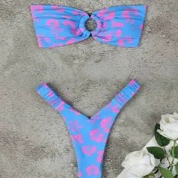 Bikini fruncido Estampado Europeo floral Azul y Rosa