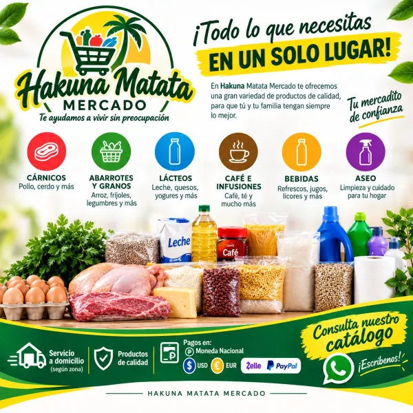 Somos el Mercadito Hakuna Matata
Radicamos en el Reparto Bahia, Habana del Este.
Puede realizar su solicitud en cualquier horario del dia. El servicio de entrega seria de 10am a 7pm
Las solicitud para que sean entregadas en el propio dia siempre deben ser enviadas antes de las 5pm