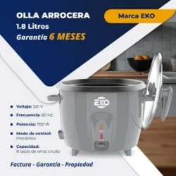 Olla Arrocera EKO 1.8L – 8 Tazas de Arroz Crudo (Color Gris)