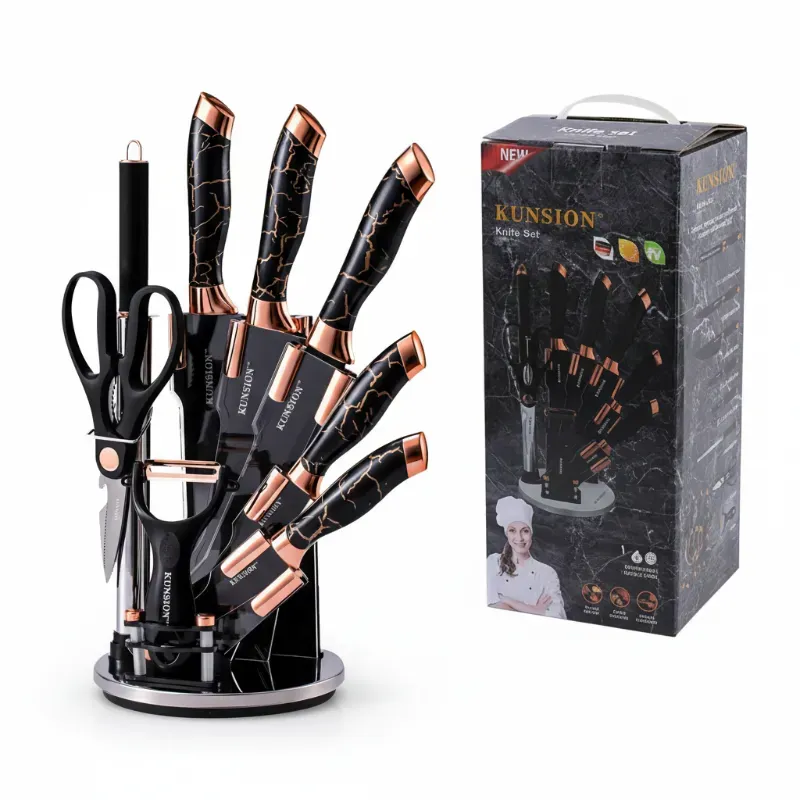 Set de Cuchillos 9 Piezas con Soporte Giratorio - Acero Inoxidable y Antiadherente, Incluye Afilador y Tijeras