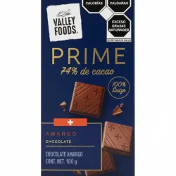 Tableta Prime Chocolate Oscuro Swiss Valley Foods 74% Cacao 100g