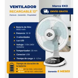 Ventilador recargable 12 – Marca EKO – Batería 9000 mAh