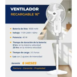 VENTILADOR RECARGABLE 16 – Batería 9000 mAh