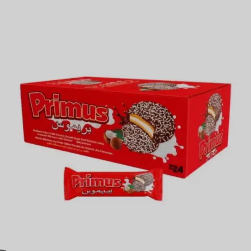 Sandwich de galleta cubierta de cacao con leche y coco con malvavisco Primus