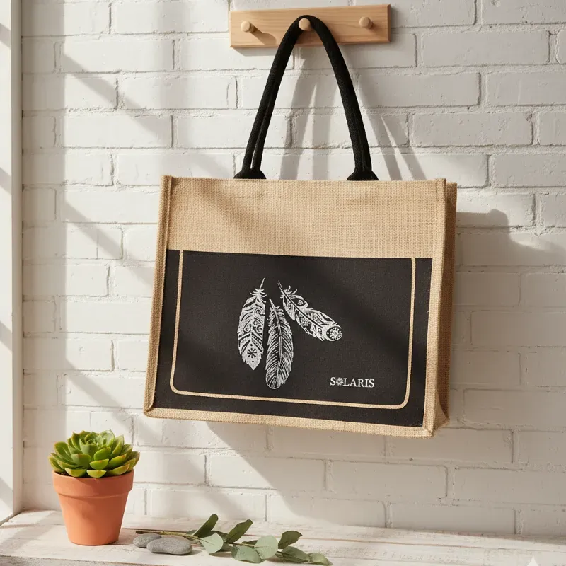 Bolso de yute plumas