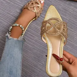 BEAUDRM Sandalias planas con punta abierta y diamantes de imitación brillantes para mujer, recortadas, elegantes, para fiesta de graduación