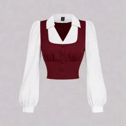 Blusa corta de manga larga con cuello en V y botones para mujer Cargando