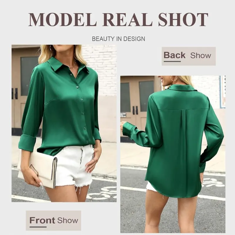 Blusa de satén con botones - Camisa de negocios de manga larga para mujer