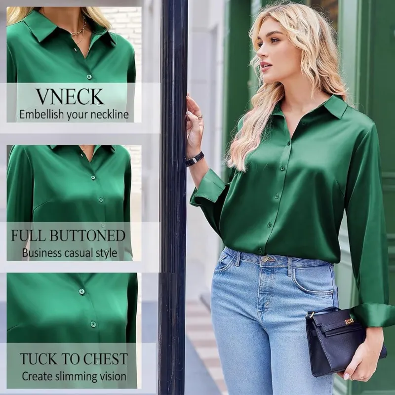 Blusa de satén con botones - Camisa de negocios de manga larga para mujer
