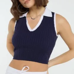 Newyorker Chaleco de Suéter de Punto Trenzado con Cuello en V para Mujer, Sin Mangas, Acanalado, Top Corto Tipo Tank