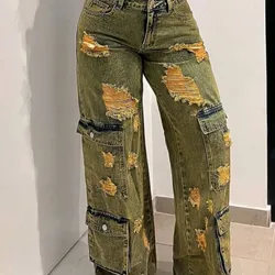 Pantalones de mezclilla cargo Y2K de cintura alta y pierna ancha desgastados con múltiples bolsillos