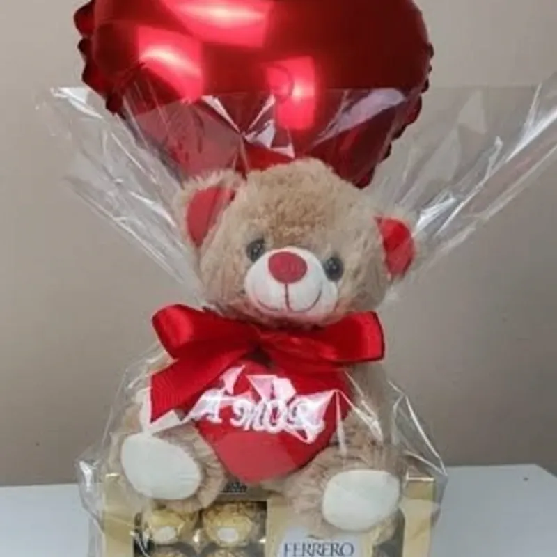 Arreglo de Bombones Ferrero Rocher con oso de peluche