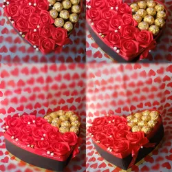 Caja de corazón con rosas eternas y bombones ferreros 