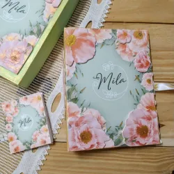 Álbum photobook verde y naranja de flores 